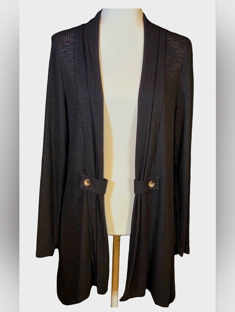 CURE Black Lightweight Ribbed Open Front Longline Cardigan L